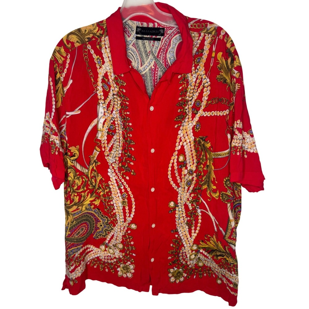 AllSaints Rubens SS Shirt Red Baroque Paisley Pearl Print Relaxed Fit Large
